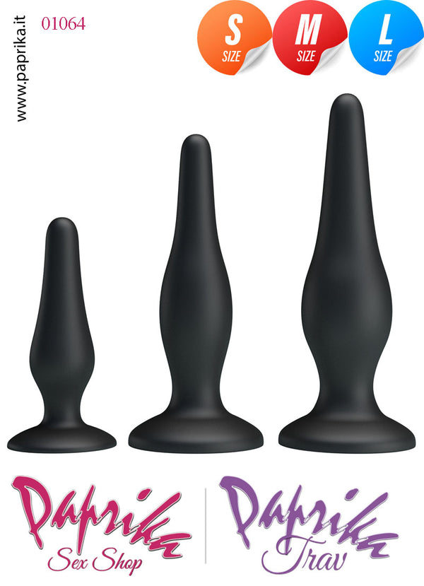 Kit Prima Volta Anale Silicone 3 Plug Anali  Punta Stretta Ventosa