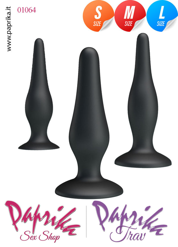 Kit Prima Volta Anale Silicone 3 Plug Anali  Punta Stretta Ventosa