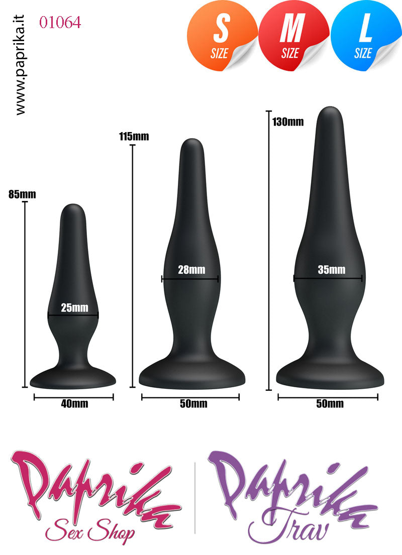 Kit Prima Volta Anale Silicone 3 Plug Anali  Punta Stretta Ventosa