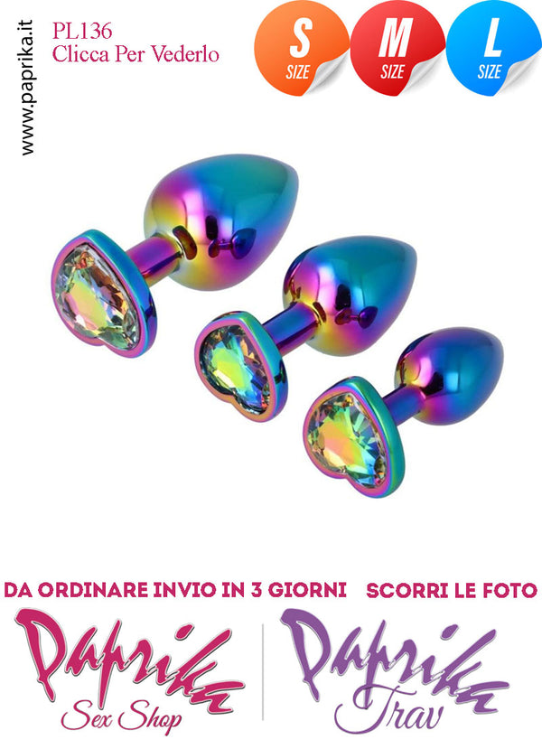 Kit Prima Volta Anale 3 Plug Alluminio Leggero Multicolor Gioiello Cuore