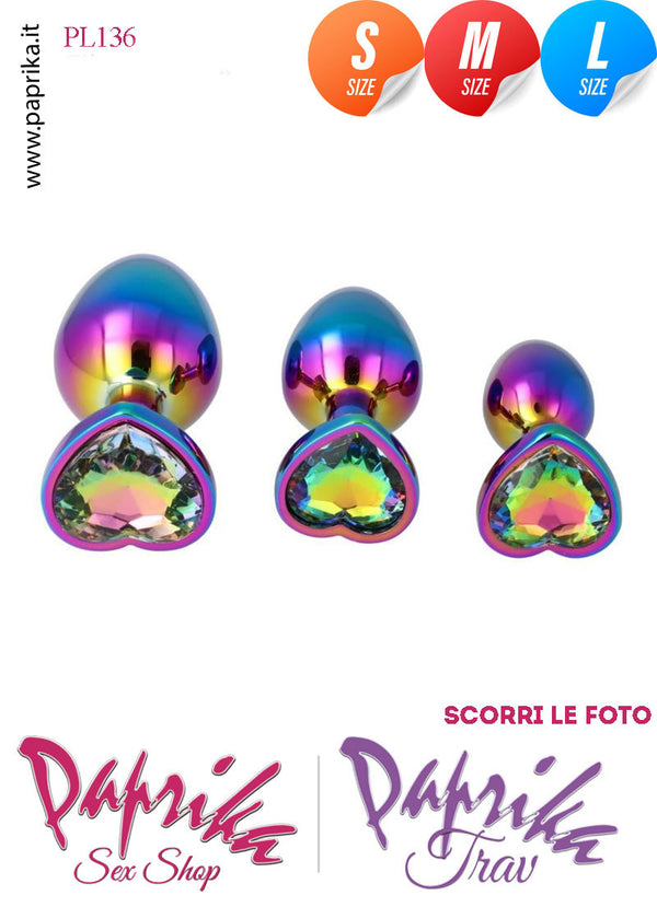 Kit Prima Volta Anale 3 Plug Alluminio Leggero Multicolor Gioiello Cuore