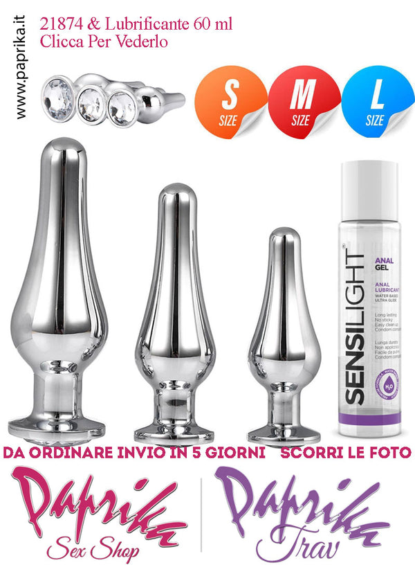 Kit Prima Volta Anale 3 Plug Lunghi Alluminio Leggero Gioiello Trasparente Analgel 60 ml