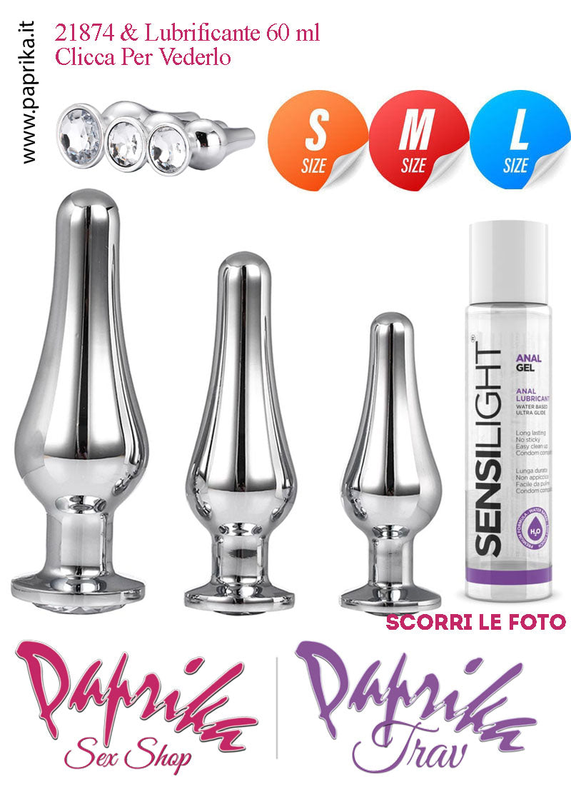 Kit Prima Volta Anale 3 Plug Lunghi Alluminio Leggero Gioiello Trasparente Analgel 60 ml