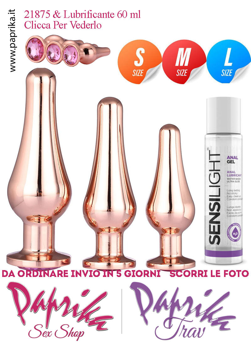Kit Prima Volta Anale 3 Plug Lunghi Alluminio Oro Leggero Gioiello Rosa Analgel 60 ml