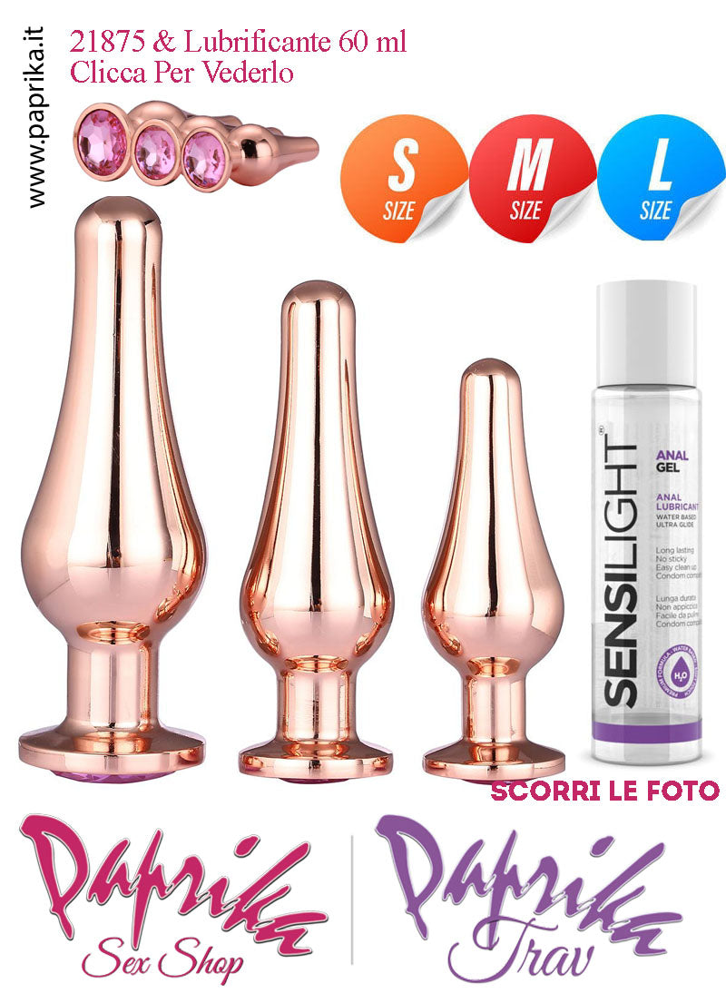 Kit Prima Volta Anale 3 Plug Lunghi Alluminio Oro Leggero Gioiello Rosa Analgel 60 ml