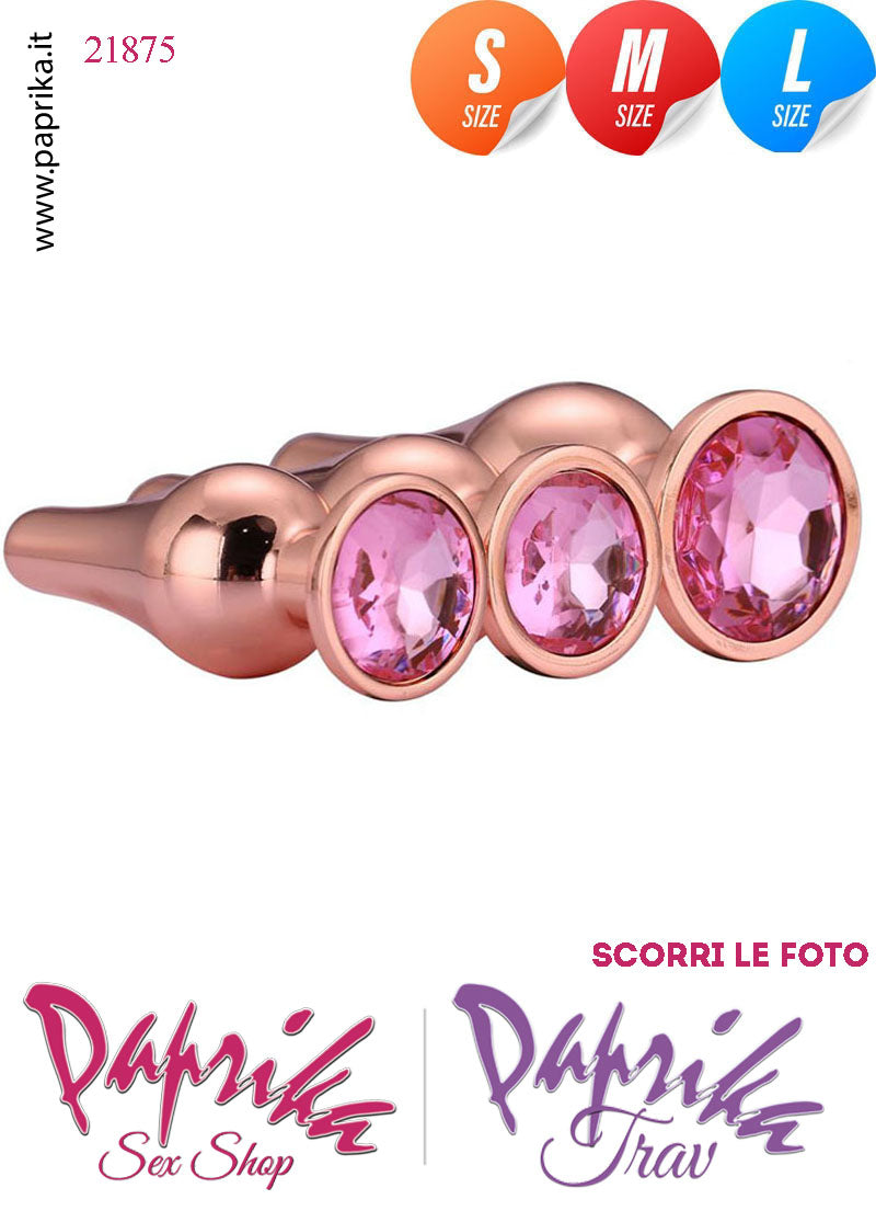 Kit Prima Volta Anale 3 Plug Lunghi Alluminio Oro Leggero Gioiello Rosa Analgel 60 ml