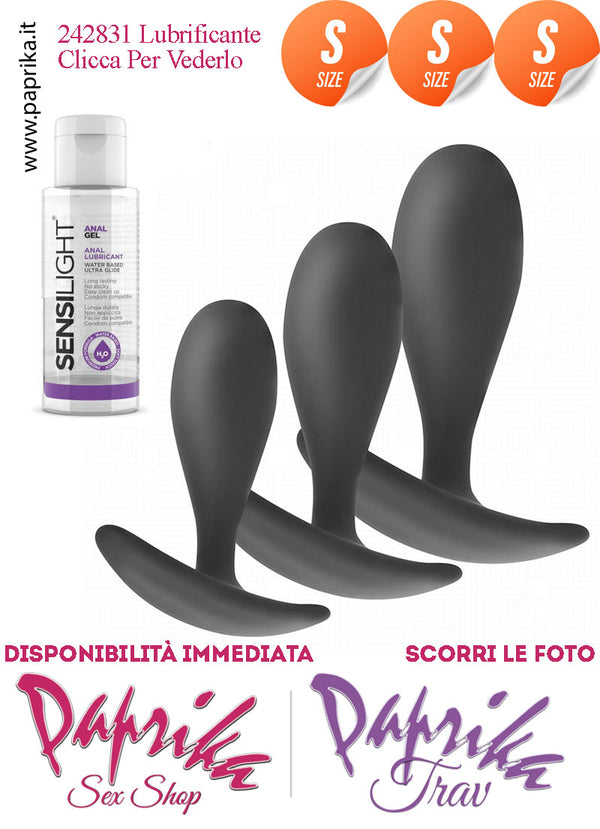 Kit Prime Volte Anali 3 Plug Small Silicone Nero Base Curva Lubrificante