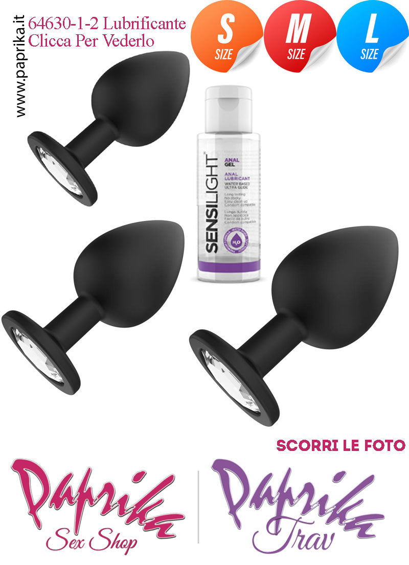Kit Prime Volte Anali 3 Plug Silicone Nero Gioiello Rotondo Trasparente Lubrificante