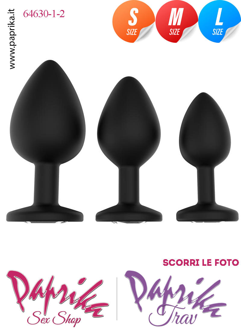 Kit Prime Volte Anali 3 Plug Silicone Nero Gioiello Rotondo Trasparente Lubrificante