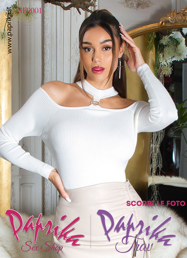 Maglietta Sexy Maniche Lunghe Bianca Strass Anteriore Rotondo