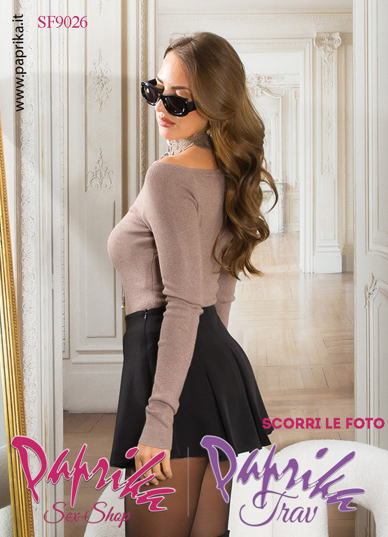 Maglietta Sexy Maniche Lunghe Cappuccino Colletto Pizzo Allacciato Regolabile
