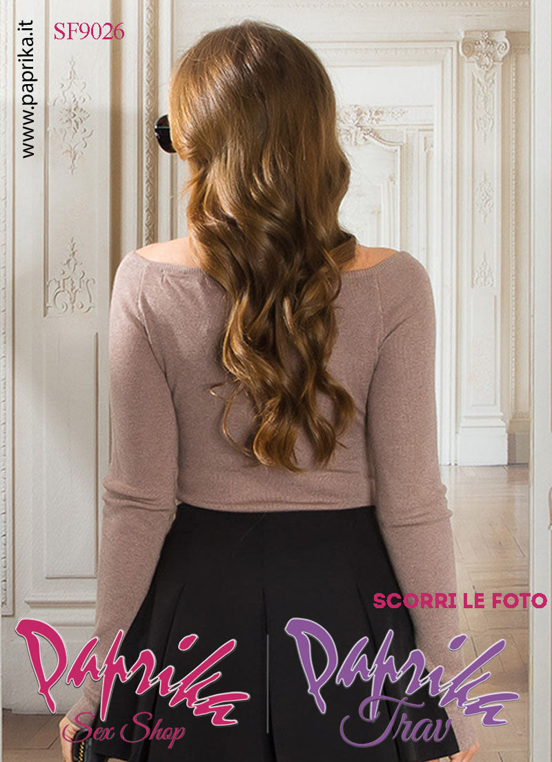 Maglietta Sexy Maniche Lunghe Cappuccino Colletto Pizzo Allacciato Regolabile