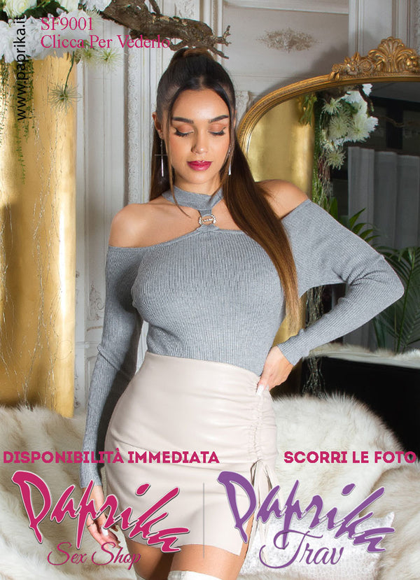 Maglietta Sexy Maniche Lunghe Grigia Strass Anteriore Rotondo