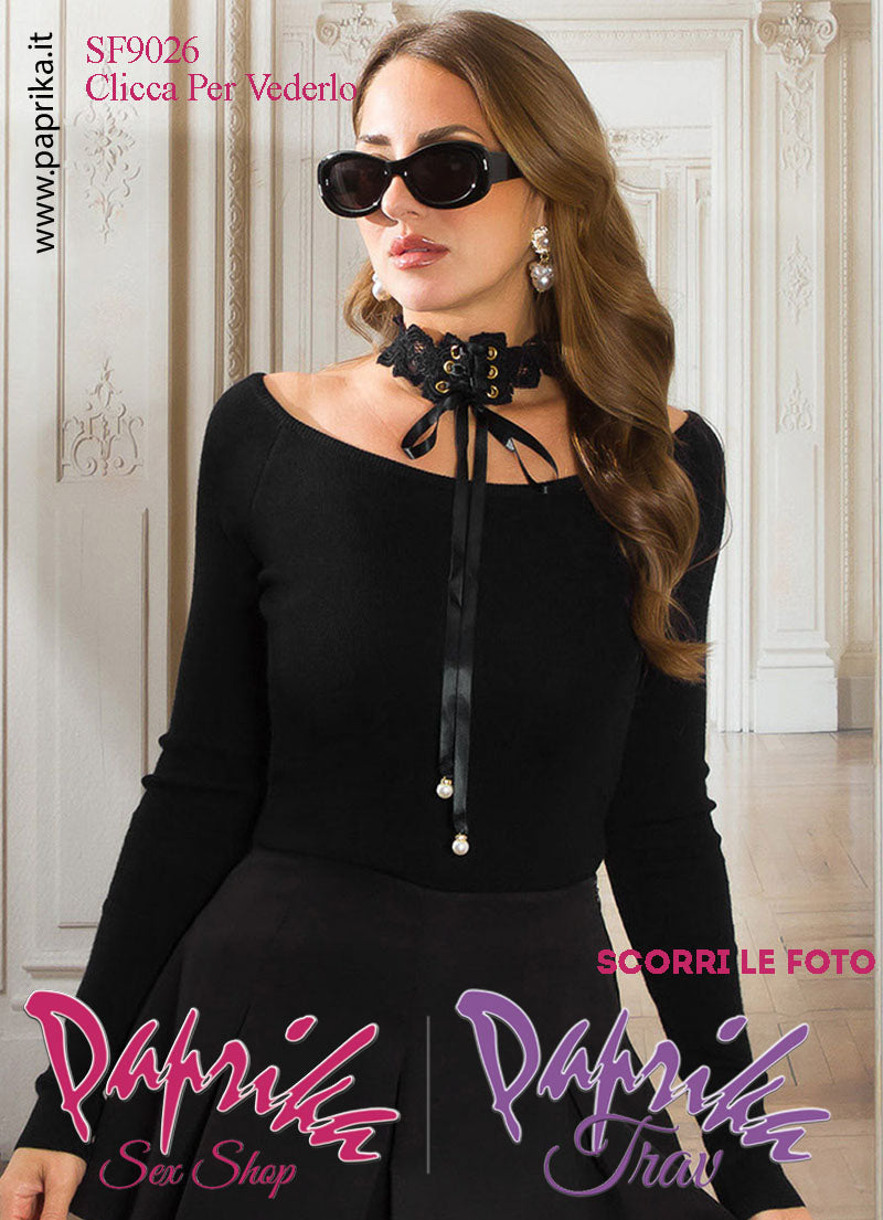 Maglietta Sexy Maniche Lunghe Nera Colletto Pizzo Allacciato Regolabile