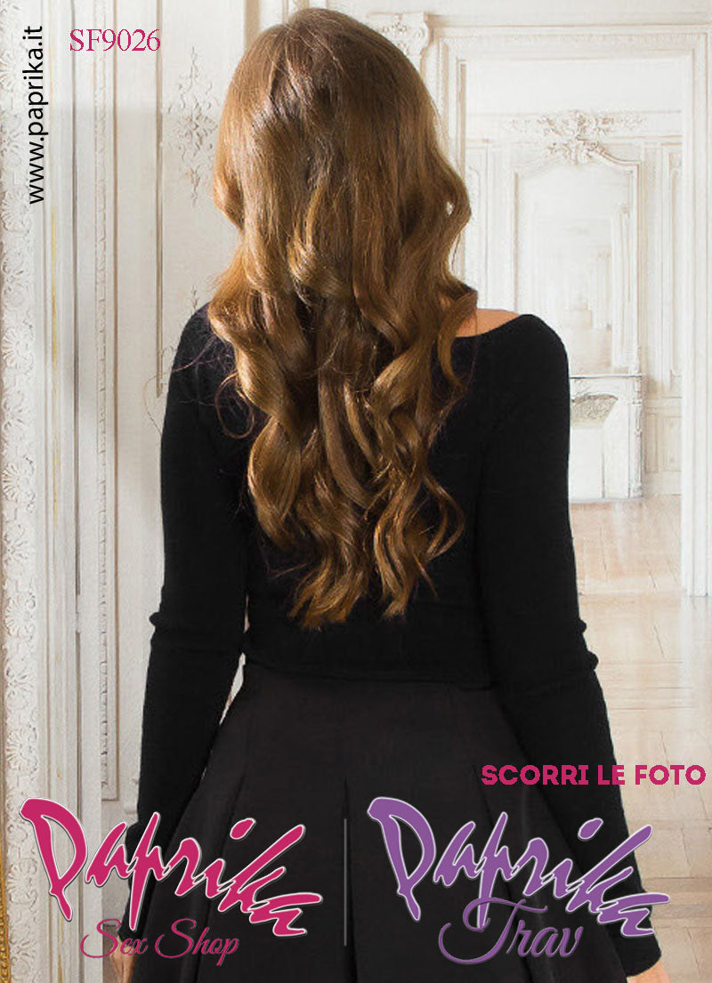 Maglietta Sexy Maniche Lunghe Nera Colletto Pizzo Allacciato Regolabile