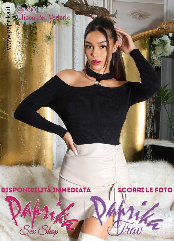 Maglietta Sexy Maniche Lunghe Nera Strass Anteriore Rotondo