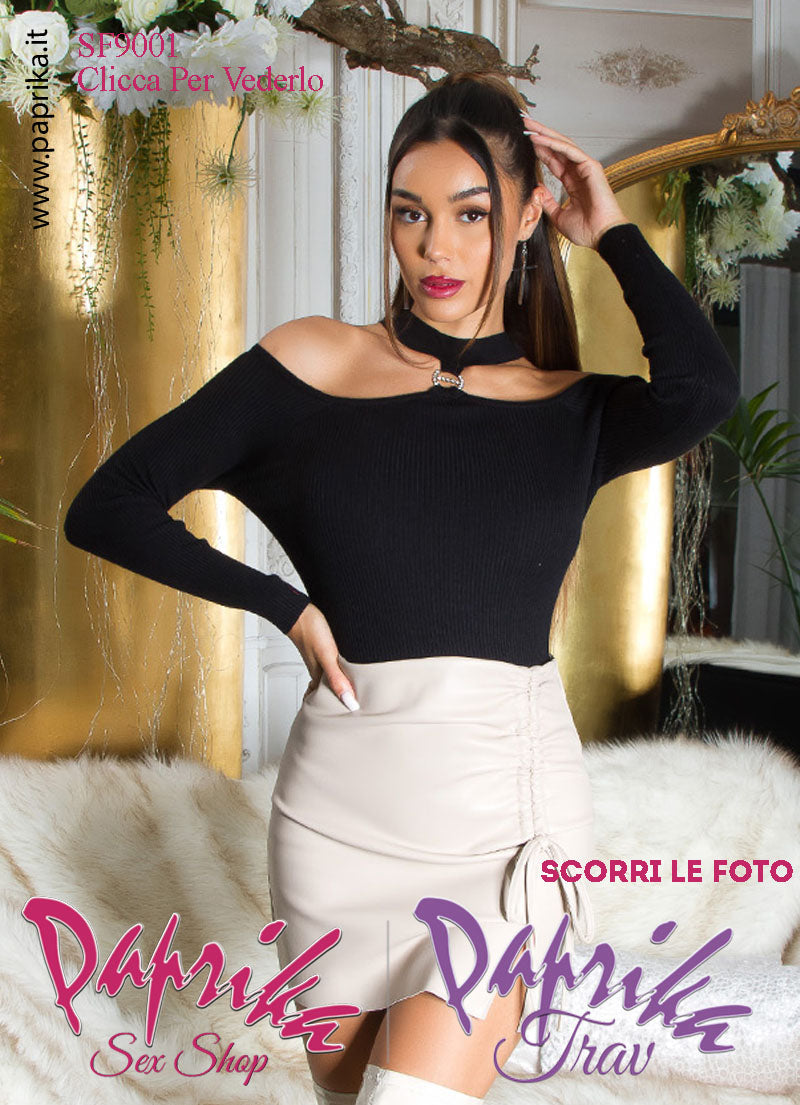 Maglietta Sexy Maniche Lunghe Nera Strass Anteriore Rotondo