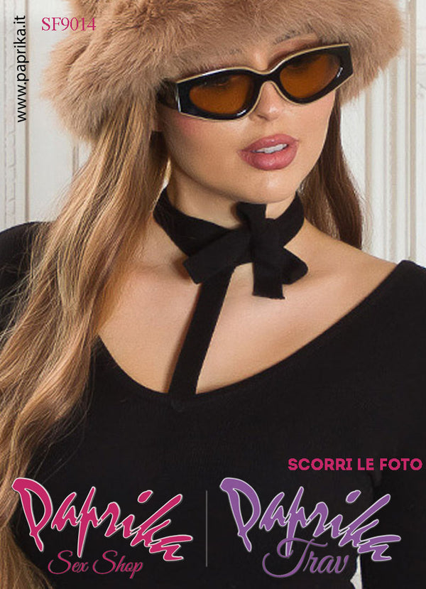 Maglietta Sexy Maniche Lunghe Nera Colletto Allacciato Fiocco