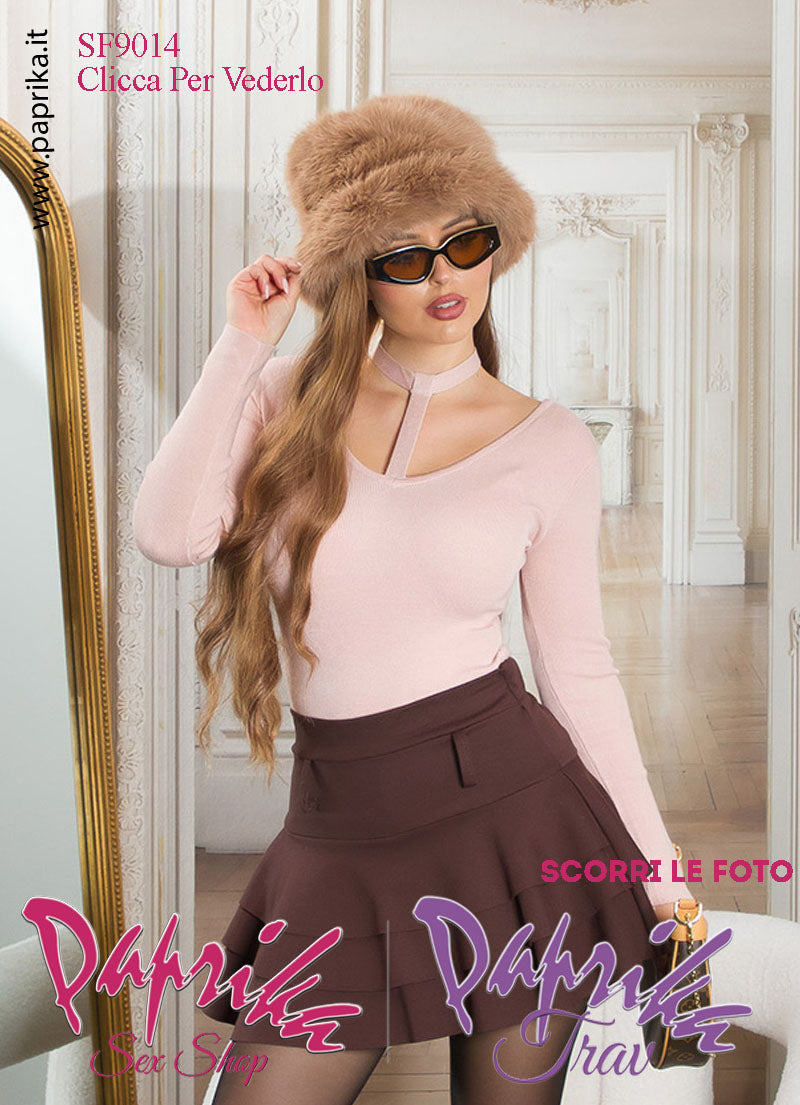 Maglietta Sexy Maniche Lunghe Rosa Colletto Allacciato Fiocco