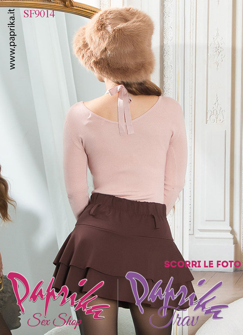 Maglietta Sexy Maniche Lunghe Rosa Colletto Allacciato Fiocco