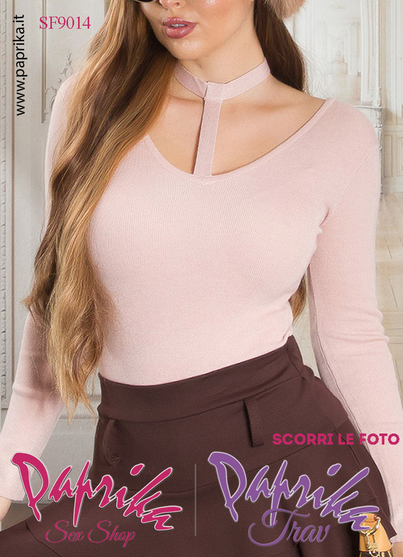 Maglietta Sexy Maniche Lunghe Rosa Colletto Allacciato Fiocco