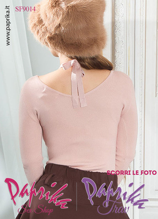 Maglietta Sexy Maniche Lunghe Rosa Colletto Allacciato Fiocco