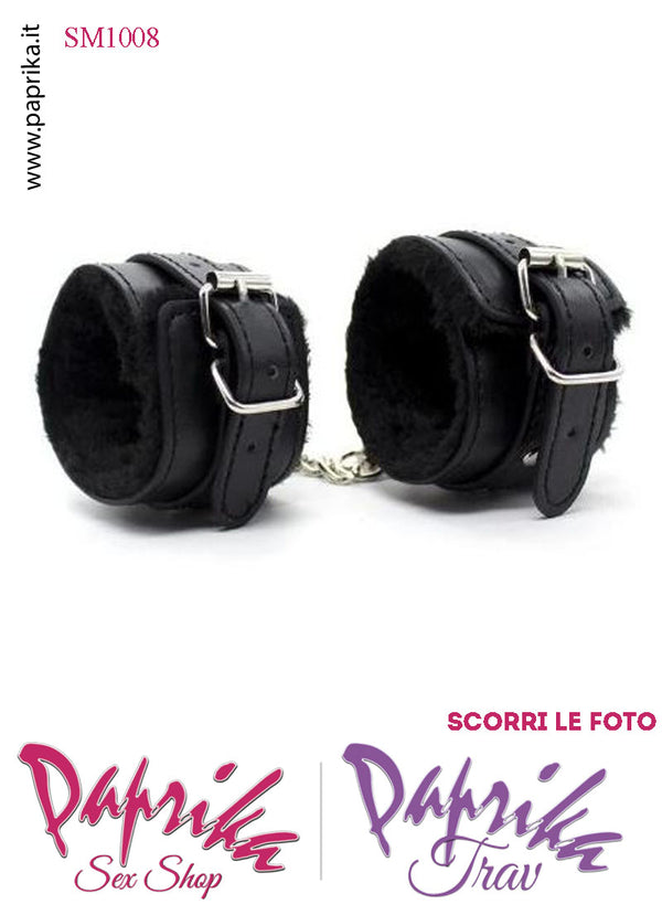 Manette Nere Alte 50 mm EcoPelle Imbottitura Interna Catenella Corta Moschettoni