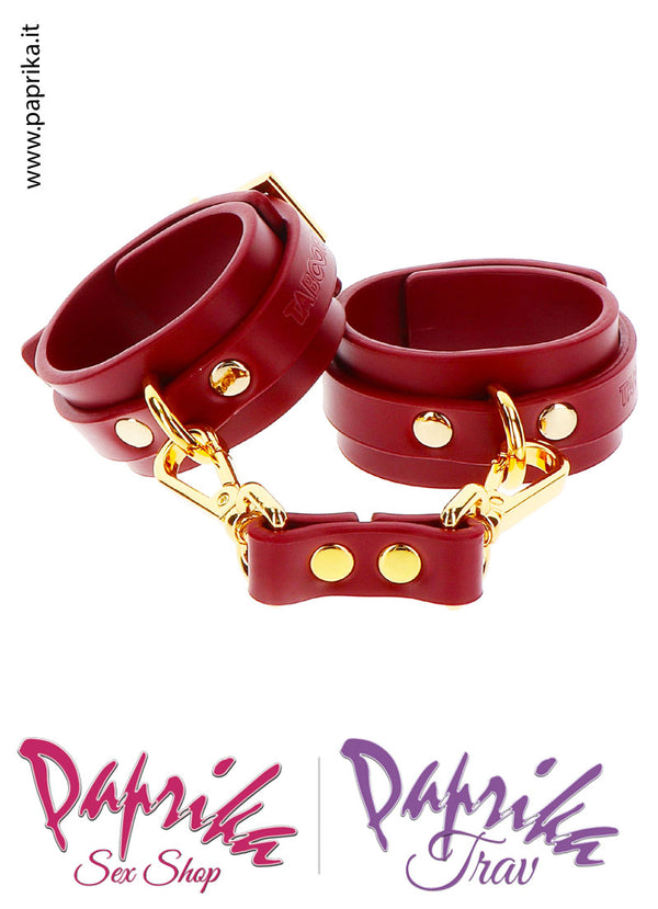 Polsiere Manette Basse Pelle Vegan Rosso Anelli Moschettone Fibbia Oro