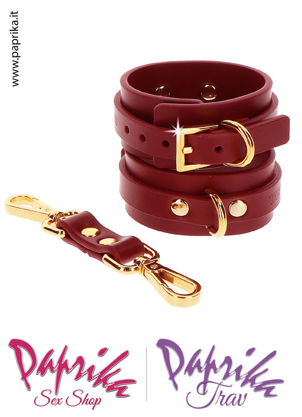 Polsiere Manette Basse Pelle Vegan Rosso Anelli Moschettone Fibbia Oro