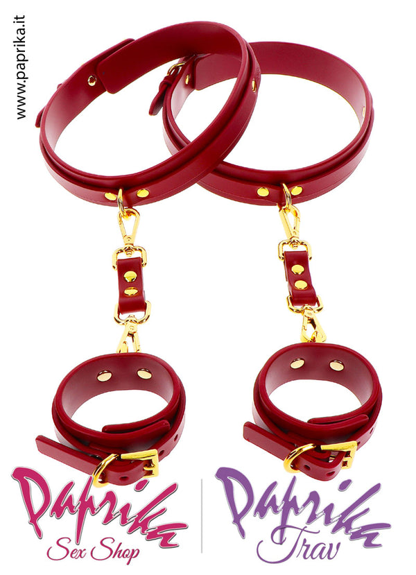 Manette Polsi Cosce Pelle Vegan Rossa Anelli Moschettoni Fibbie Oro