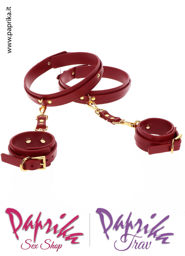 Manette Polsi Cosce Pelle Vegan Rossa Anelli Moschettoni Fibbie Oro