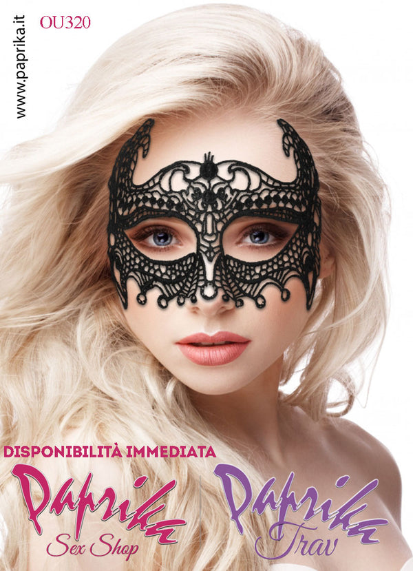 Mascherina Sagomata Occhi Aperti Pizzo Lavorato Punta Laterali Allacciata