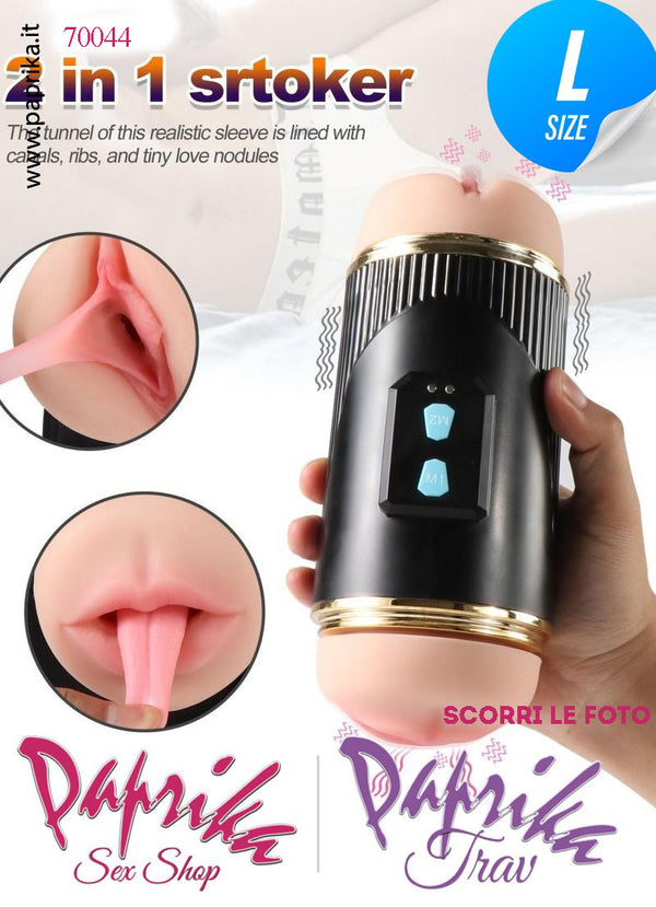 Vagina e Bocca Morbidissima Masturbatore Vibrante 2 Motori 10 Funzioni Tubo Nero