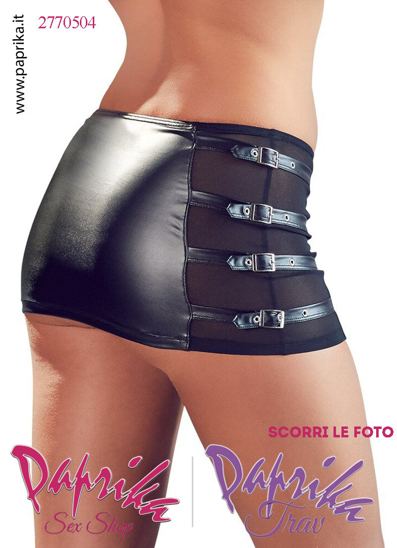 Minigonna Sexy WetLook Semi Lucido Tulle Nero 4 Fibbie Laterali Regolabili