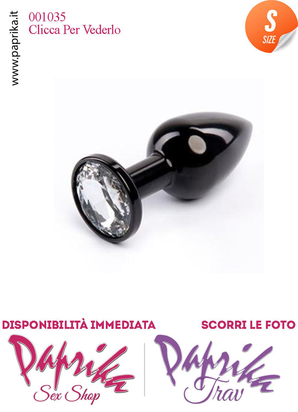 Plug Anale Small Unisex Alluminio Nero Gioiello Tondo Trasparente 7 cm Ø 28