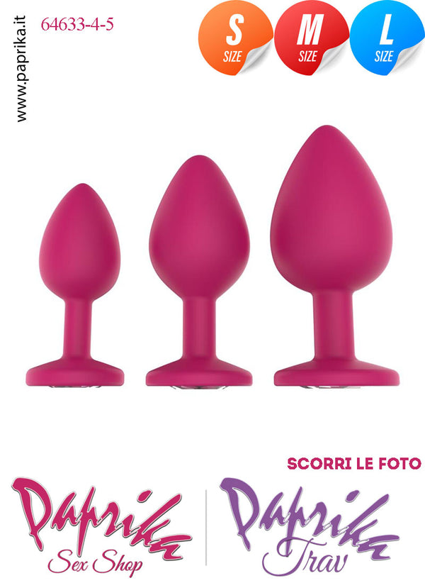 Kit Prime Volte Anali 3 Plug Silicone Fucsia Gioiello Rotondo Trasparente