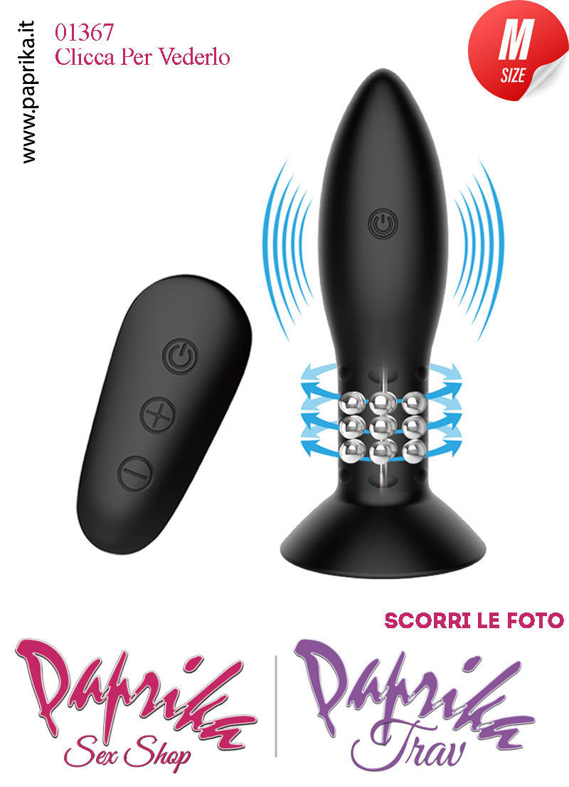 Plug Anale Telecomandato Vibrante Rotante Perle 12 cm Ø 35 Silicone Nero