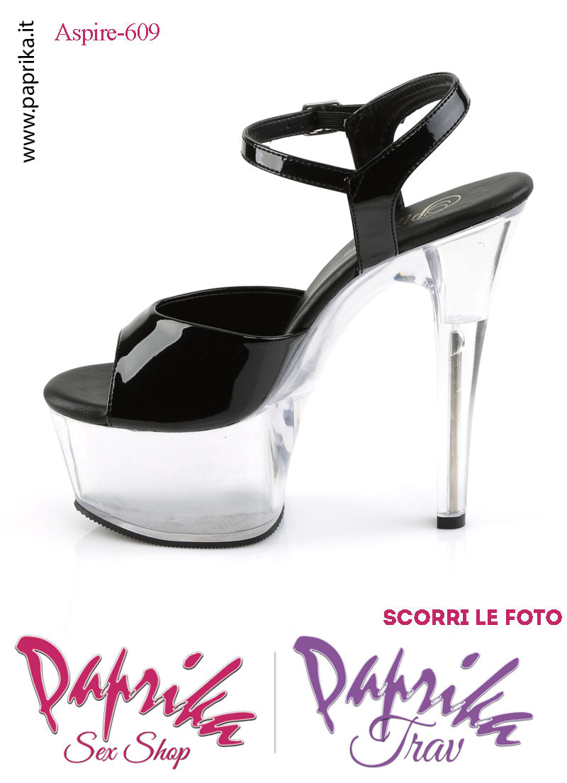 Sandali Sexy Tacco Medio Trasparente Vernice Nera 15.2 Zeppa 5.7 Cinturino