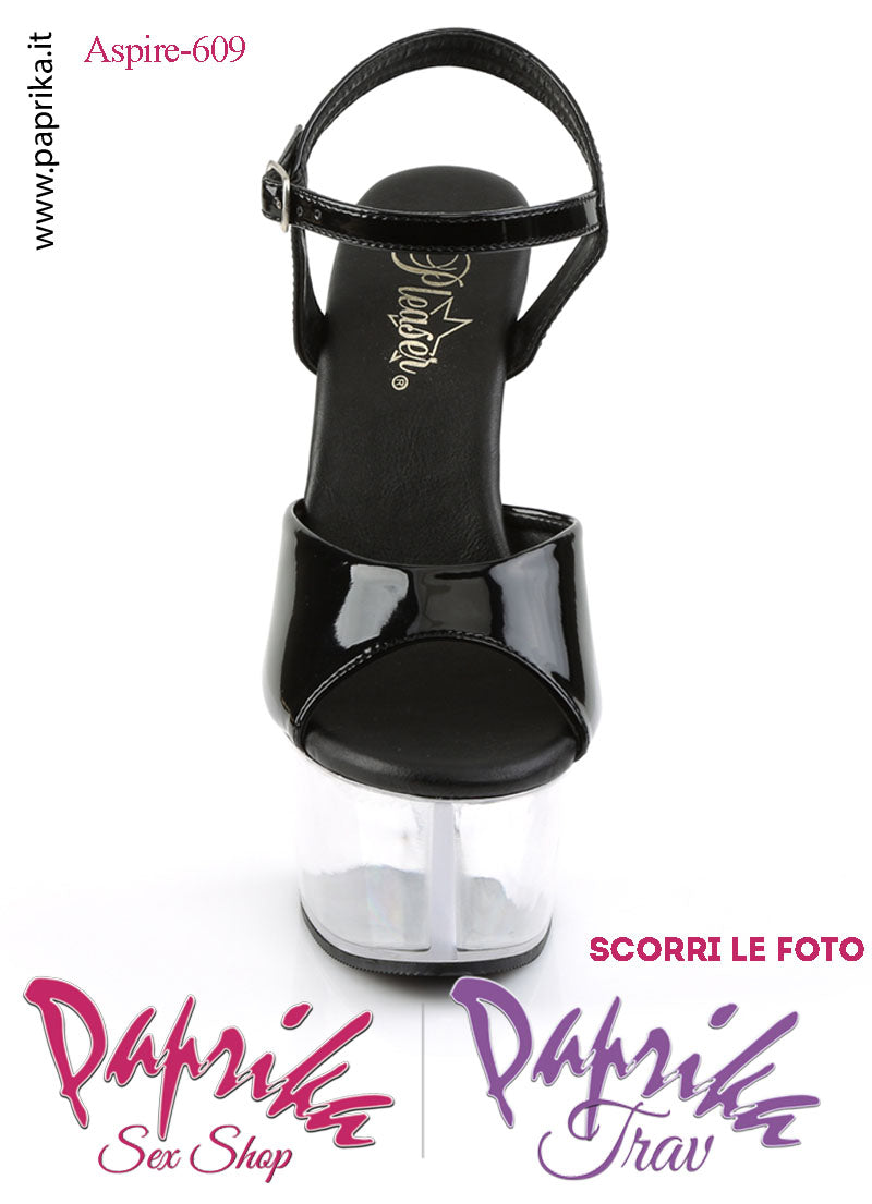 Sandali Sexy Tacco Medio Trasparente Vernice Nera 15.2 Zeppa 5.7 Cinturino