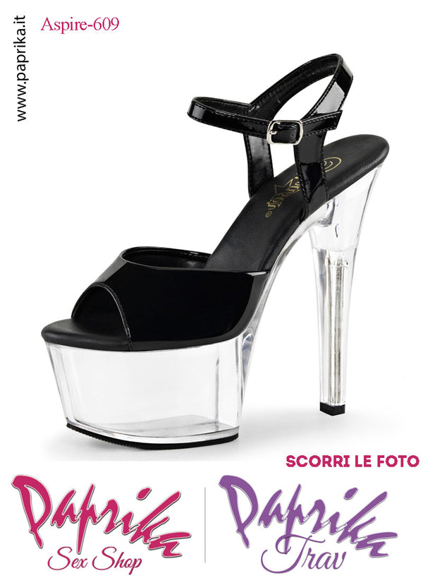 Sandali Sexy Tacco Medio Trasparente Vernice Nera 15.2 Zeppa 5.7 Cinturino