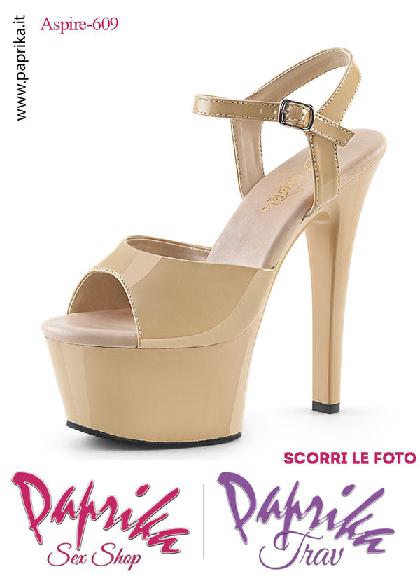Sandali Sexy Tacco Medio Vernice Lucida Beige 15.2 Zeppa 5.7 Cinturino