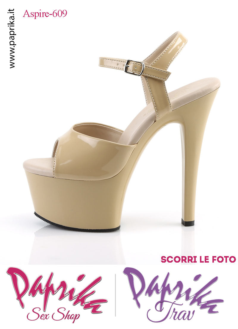 Sandali Sexy Tacco Medio Vernice Lucida Beige 15.2 Zeppa 5.7 Cinturino
