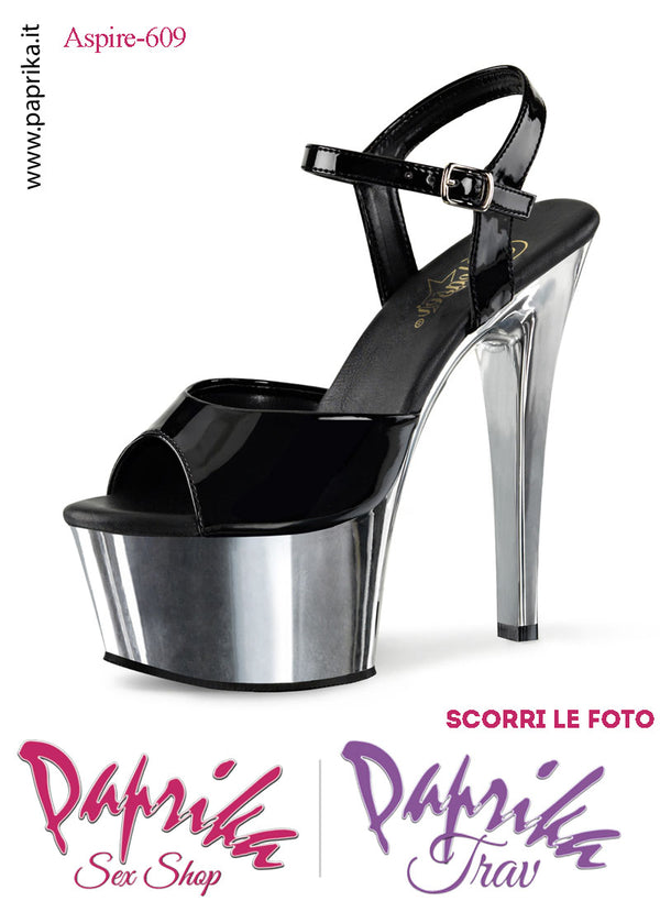 Sandali Sexy Tacco Medio Cromato Vernice Lucida Nera 15.2 Zeppa 5.7 Cinturino