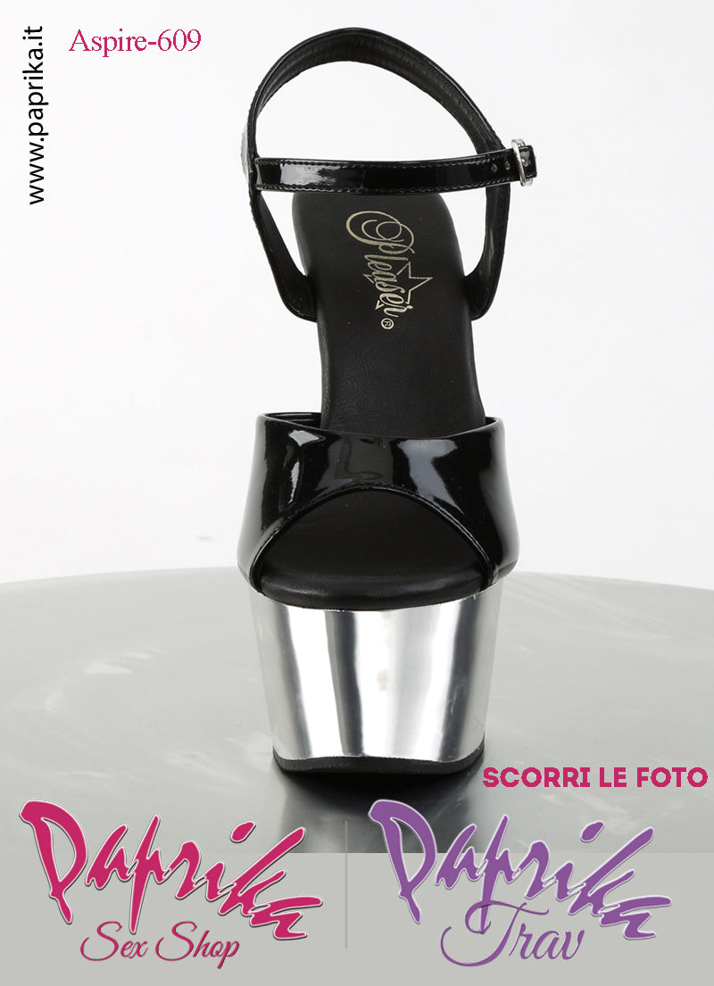 Sandali Sexy Tacco Medio Cromato Vernice Lucida Nera 15.2 Zeppa 5.7 Cinturino
