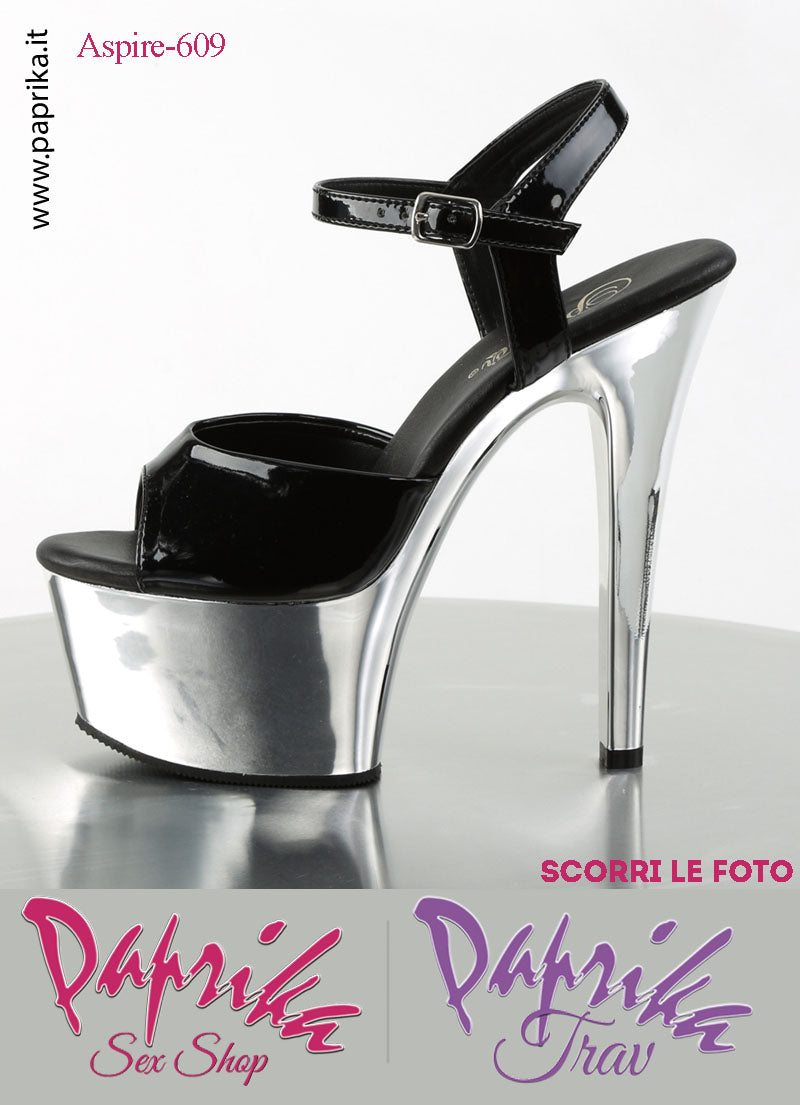 Sandali Sexy Tacco Medio Cromato Vernice Lucida Nera 15.2 Zeppa 5.7 Cinturino