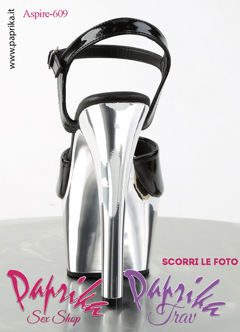 Sandali Sexy Tacco Medio Cromato Vernice Lucida Nera 15.2 Zeppa 5.7 Cinturino