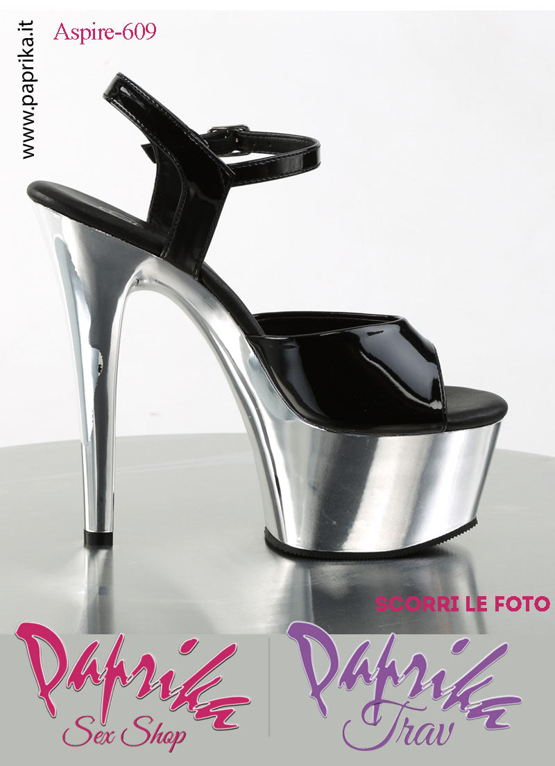 Sandali Sexy Tacco Medio Cromato Vernice Lucida Nera 15.2 Zeppa 5.7 Cinturino