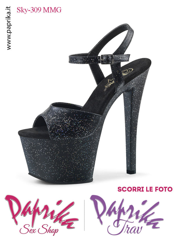 Sandali Sexy Tacco Squadrato EcoPelle Glitterata 17.8 Zeppa 7 Cinturino