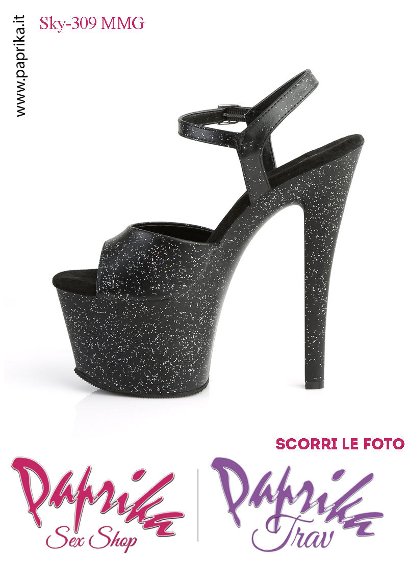 Sandali Sexy Tacco Squadrato EcoPelle Glitterata 17.8 Zeppa 7 Cinturino
