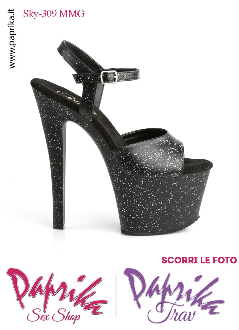 Sandali Sexy Tacco Squadrato EcoPelle Glitterata 17.8 Zeppa 7 Cinturino
